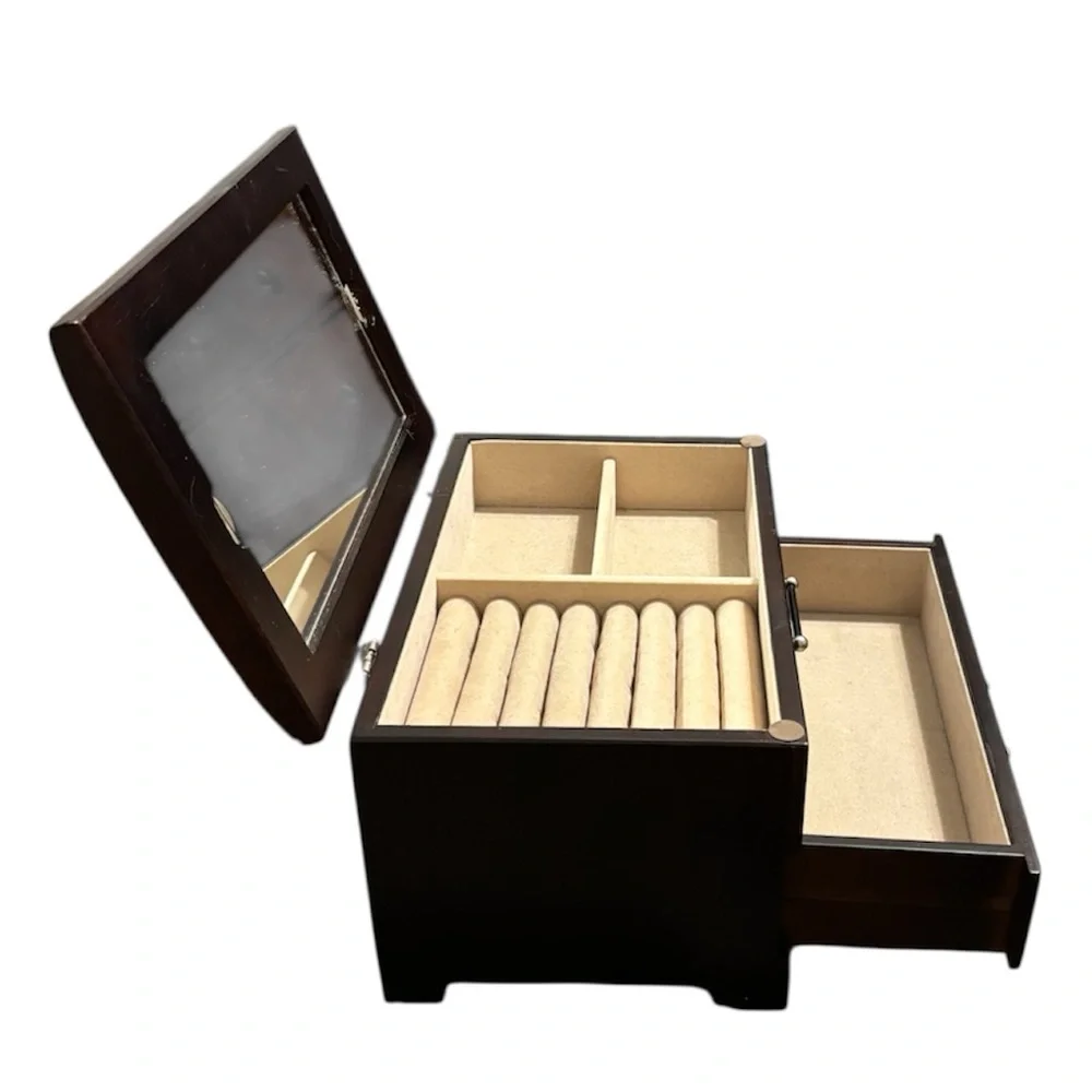 Vintage Dark Wood Jewelry Box 2-Drawer Glass Lid Trinket Organizer Picture Frame